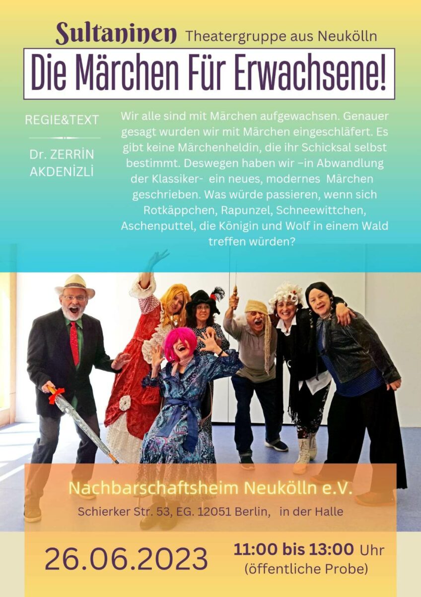 Die Seniorentheatergruppe lädt ein zur 
öffentlichen Probe im Nachbarschaftshaus am Körnerpark am 26. Juni, 11-13 Uhr. 

