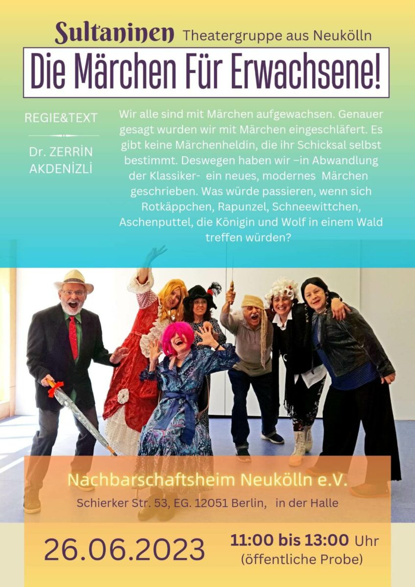 Die Seniorentheatergruppe lädt ein zur
öffentlichen Probe im Nachbarschaftshaus am Körnerpark am 26. Juni, 11-13 Uhr.